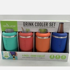 Reduce 4 Pack 14 Oz. Drink Bottle Can Cooler Set with Built-In Bottle Opener NEW